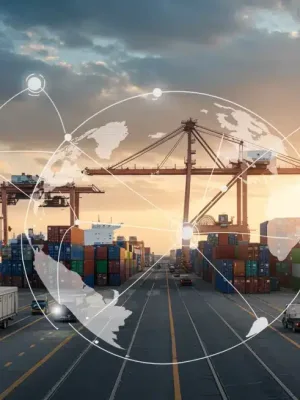 Global supply chain network with shipping containers and cargo ships