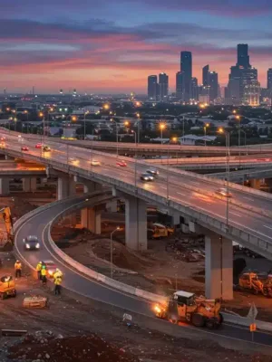 Modern highway construction with heavy machinery and workers at sunset, symbolizing infrastructure development and job creation.
