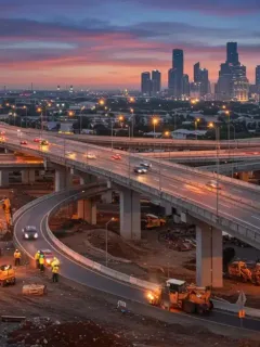 Modern highway construction with heavy machinery and workers at sunset, symbolizing infrastructure development and job creation.