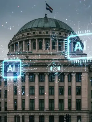Futuristic government building with AI interfaces