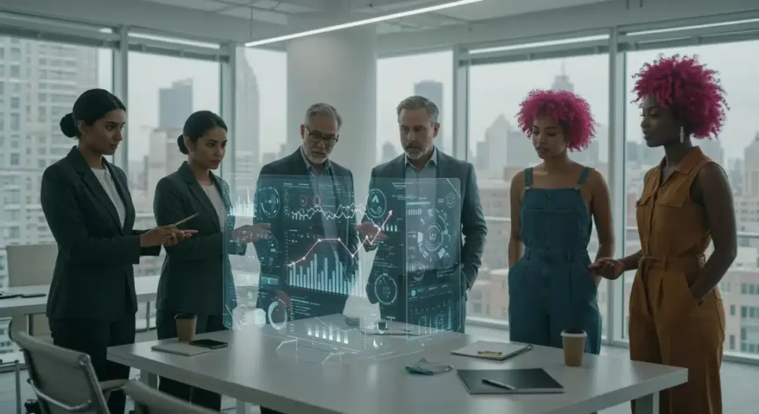 Professionals collaborating on holographic display, symbolizing tech innovation
