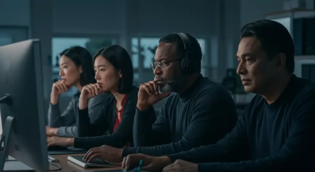 Digital creators looking at screens, contemplating the impact of Supreme Court copyright changes.