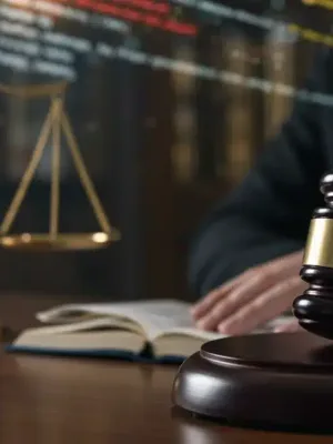 Gavel on legal desk with digital art background, symbolizing Supreme Court digital copyright decision impact.