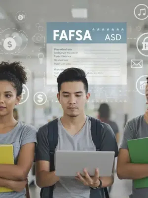 College students reviewing FAFSA forms and financial aid information on a screen, planning for future education.