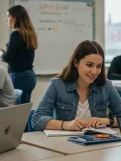 Students and teachers collaborating with technology in a modern K-12 classroom, reflecting future curriculum trends.