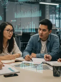 Students discussing future career paths with data projections