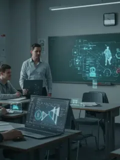 Students and teacher engaging with futuristic AI educational tools in a smart classroom.