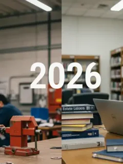 Comparative image of vocational training hands-on work versus traditional university study for 2026 career starters.