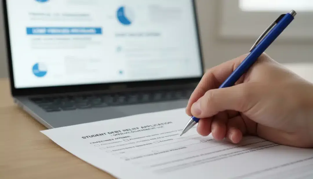 Person filling out student loan forgiveness application form