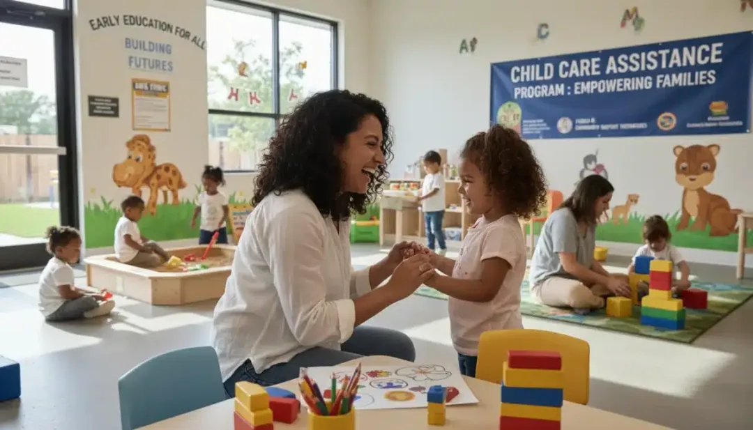 Parent and child at a child care center benefiting from assistance programs