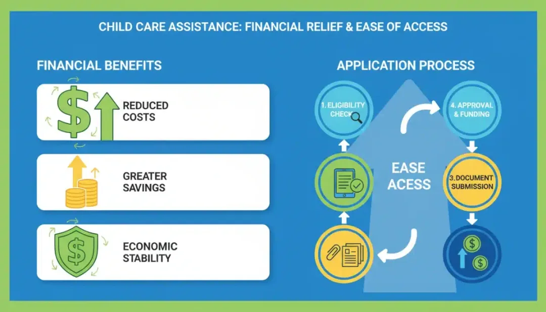 Infographic showing financial benefits and application process for child care assistance programs