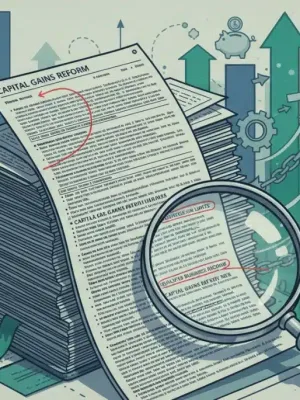 Illustration of tax code document with magnifying glass, symbolizing the 2026 tax code overhaul and investment impacts.