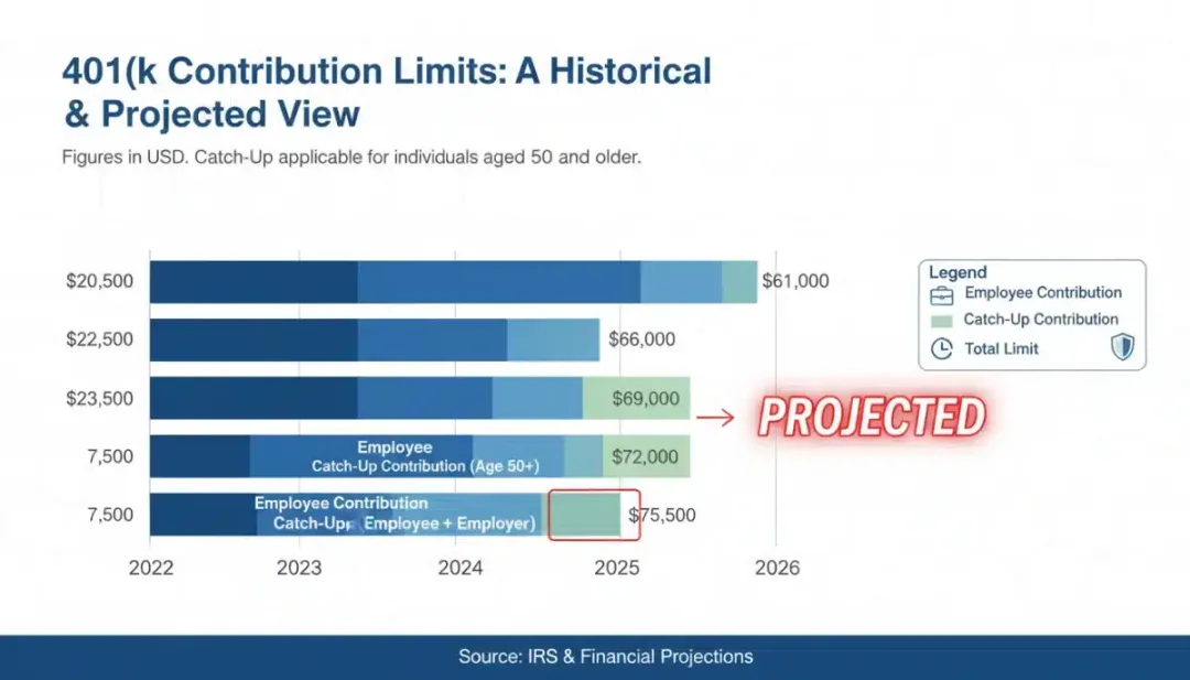 Comparison chart of 401(k) contribution limits from past years to 2026.