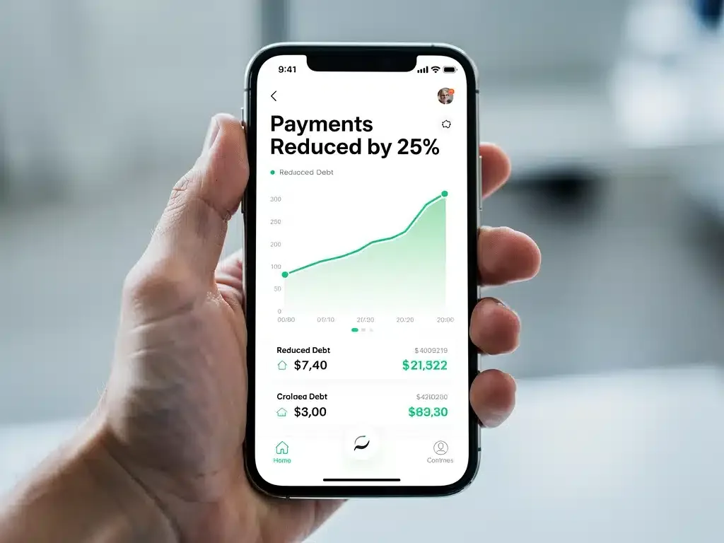 Smartphone displaying financial app showing 25% debt payment reduction.