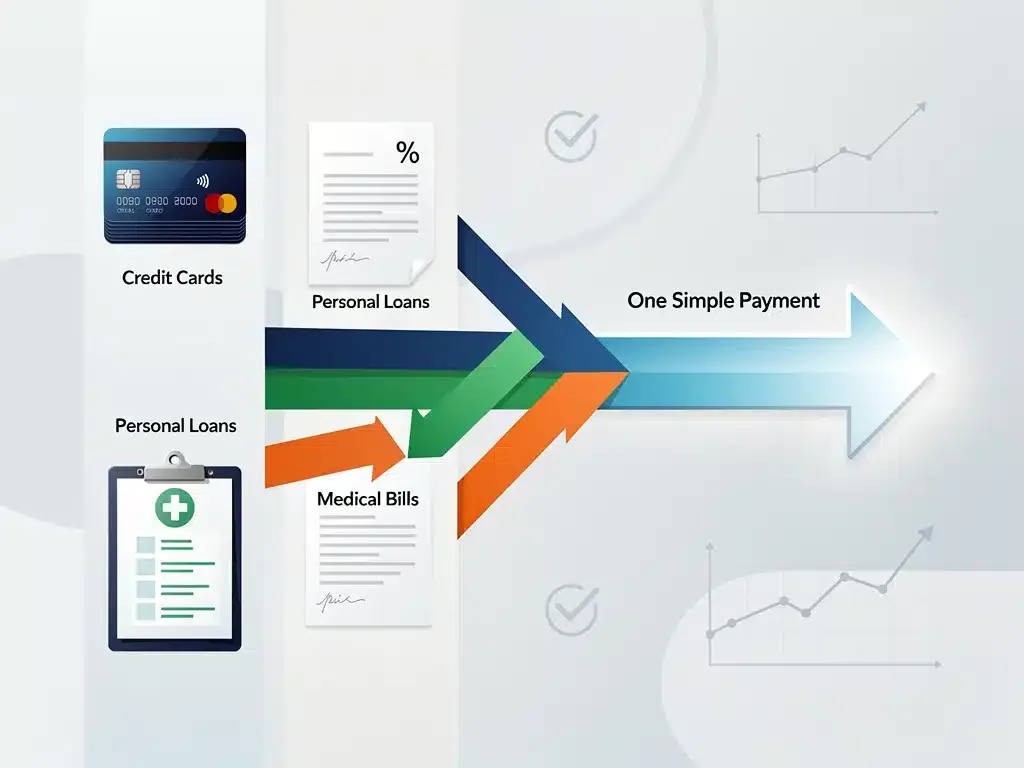 Graphic illustrating multiple debts consolidating into a single, lower monthly payment.
