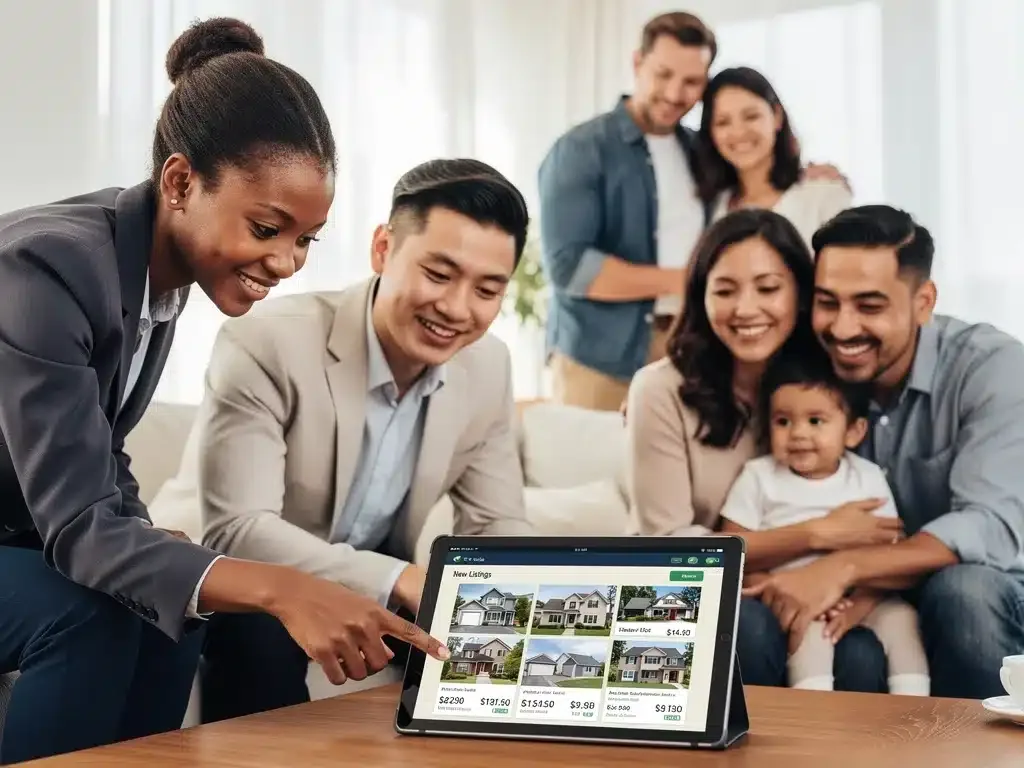Diverse buyers viewing real estate listings on a tablet