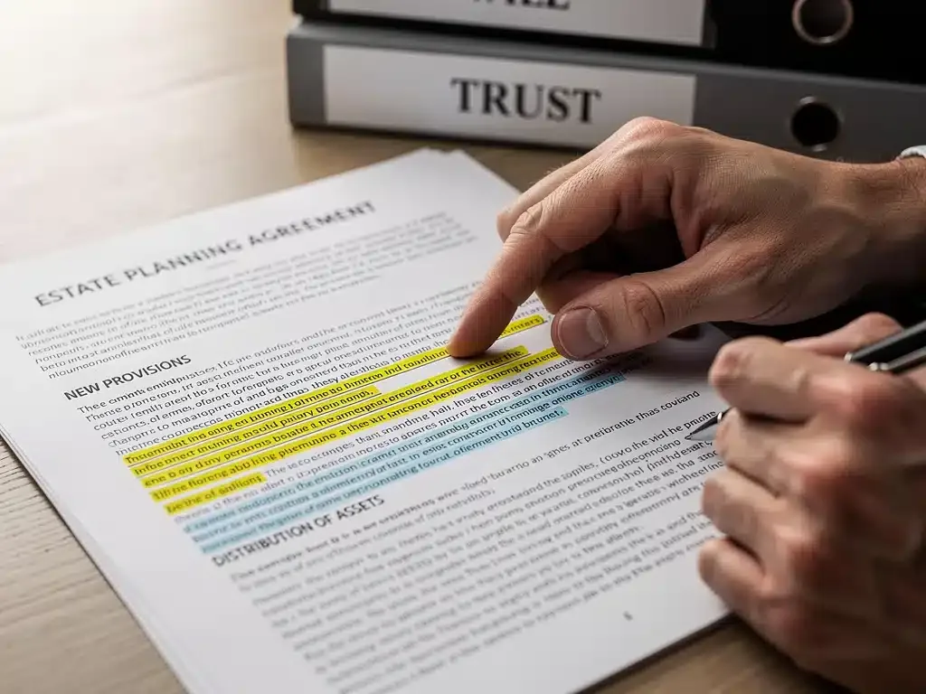 Hands analyzing new legal provisions in 2026 estate planning document