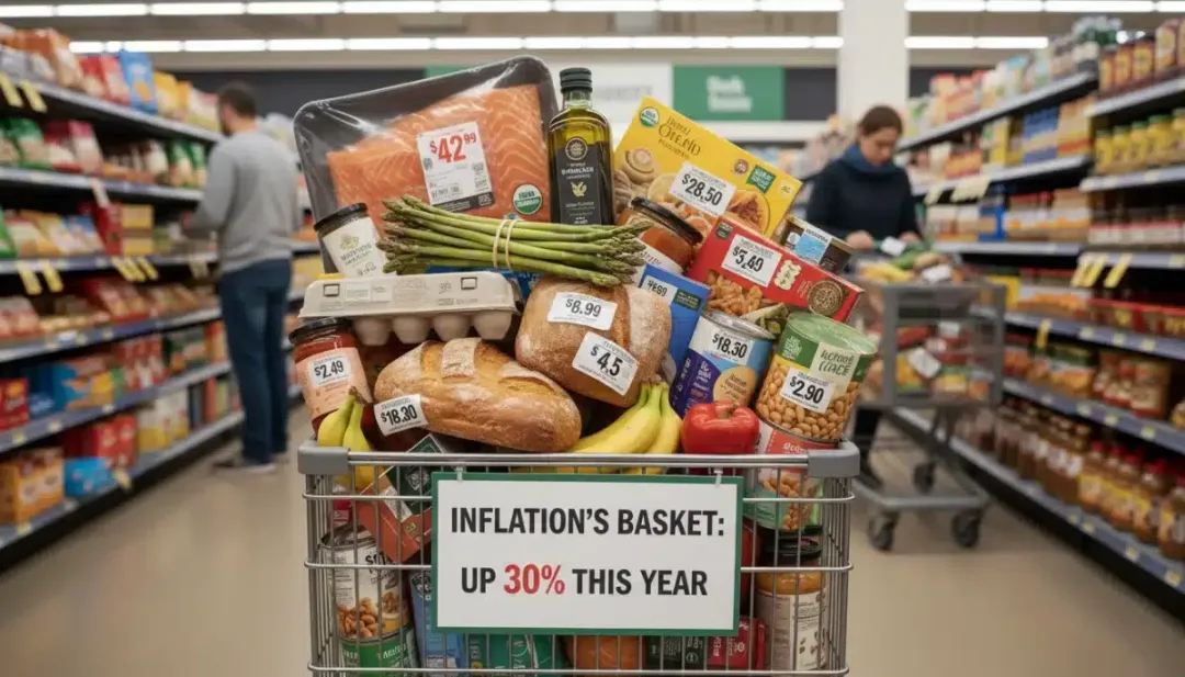 Grocery cart with expensive food items, showing inflation's impact.