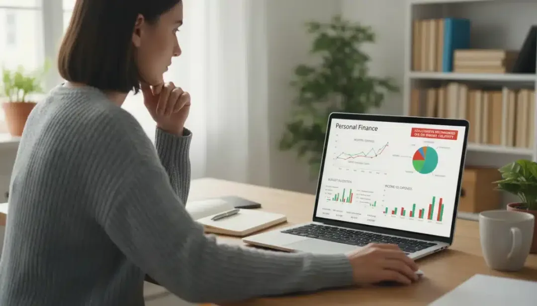Person analyzing personal finance dashboard on laptop for budgeting.