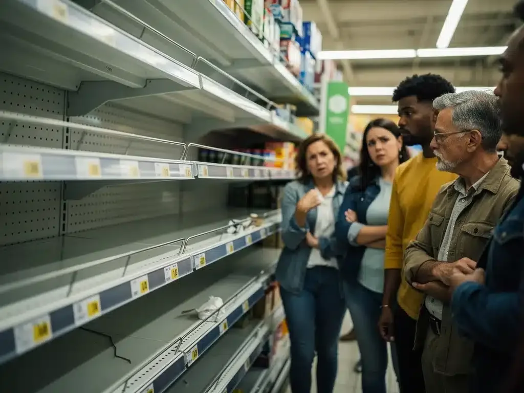 Empty or sparsely stocked supermarket shelves showing consumer impact.