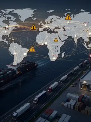 Global supply chain network with disruptions affecting trade and logistics.
