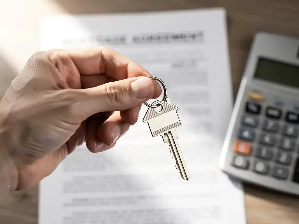 Hand holding house key with mortgage documents, symbolizing home financing.