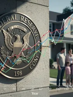 Federal Reserve building with interest rate graph and family looking at a house, illustrating mortgage impact.