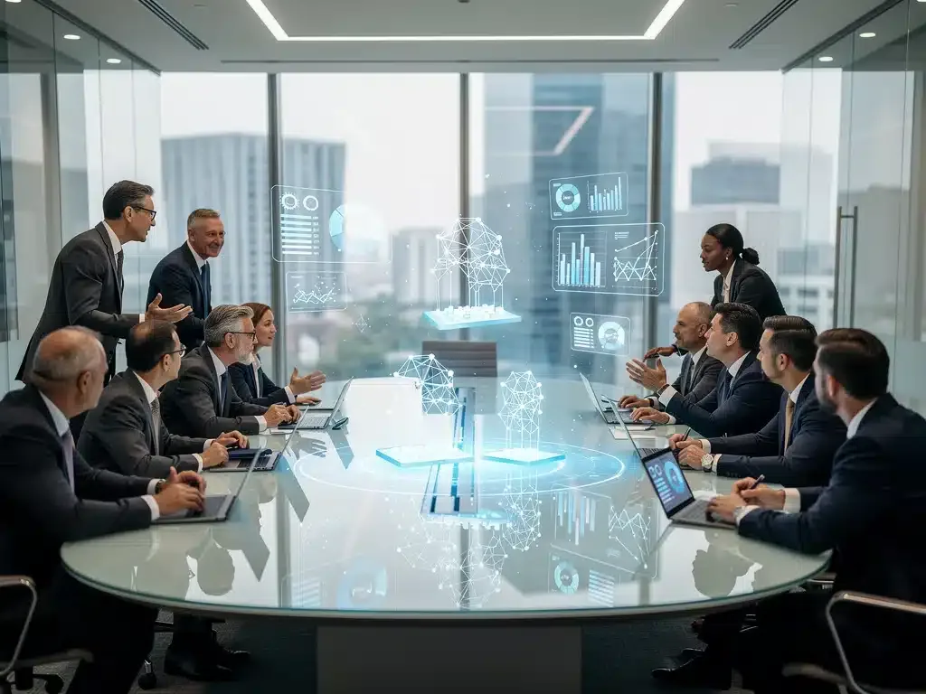 Government officials and tech experts debating AI policy in a modern conference setting.