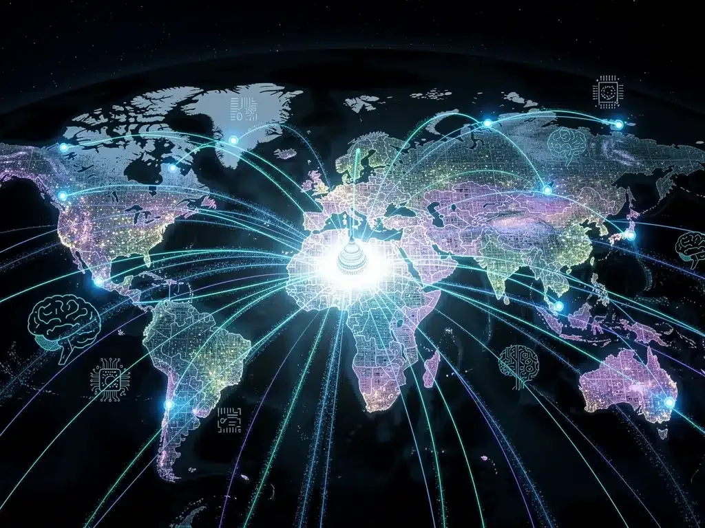 Global data network highlighting Washington D.C., symbolizing the reach of US AI regulations.