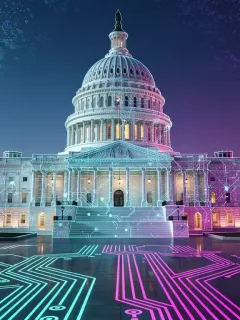 US Capitol building with digital circuit patterns, representing government AI regulation.