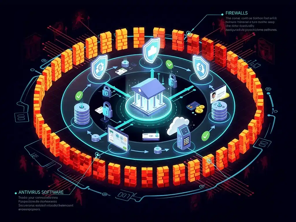 Abstract graphic showing multiple layers of cybersecurity defenses, illustrating robust protection against financial fraud and scams.
