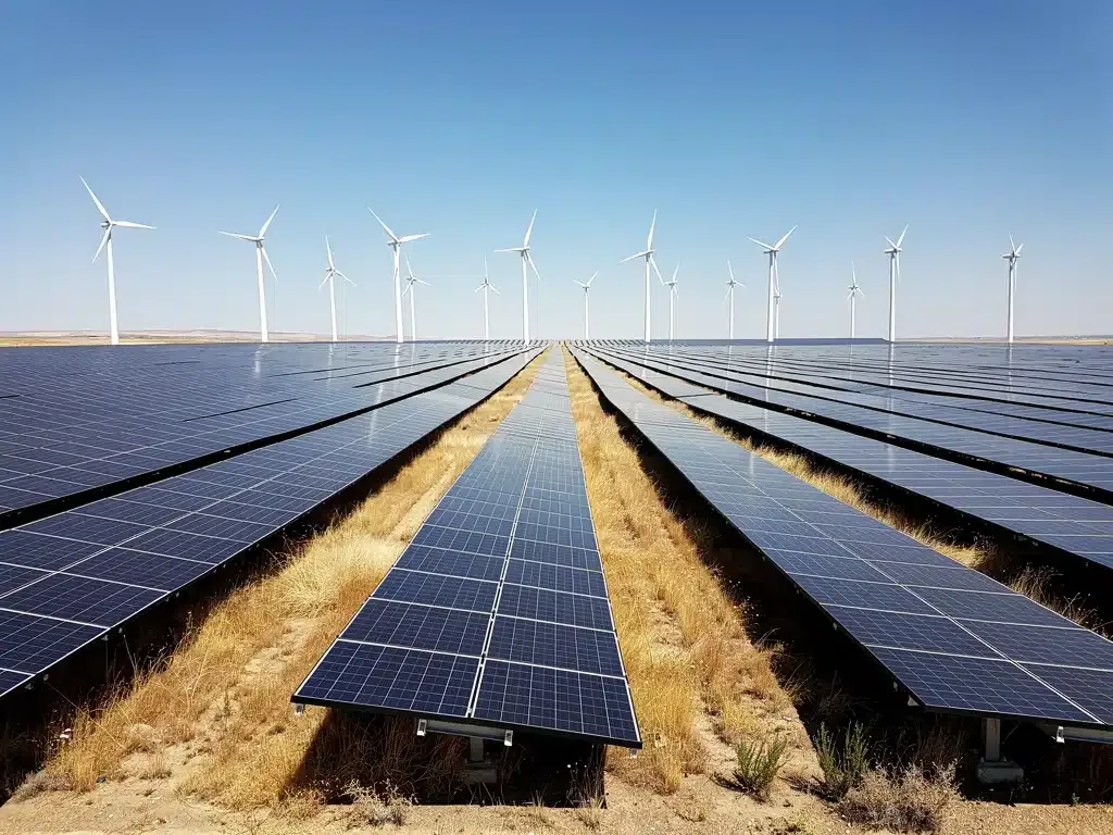 Large solar farm with wind turbines in the background, representing clean energy infrastructure