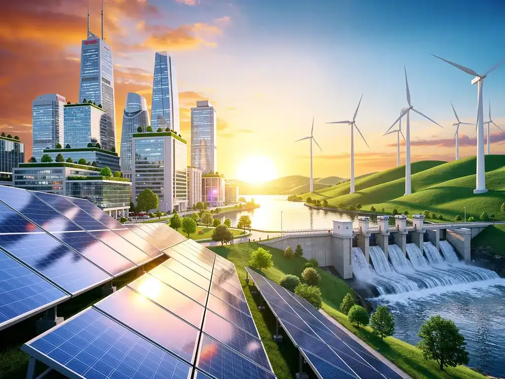Illustration of diverse renewable energy sources powering a city, symbolizing US renewable energy growth