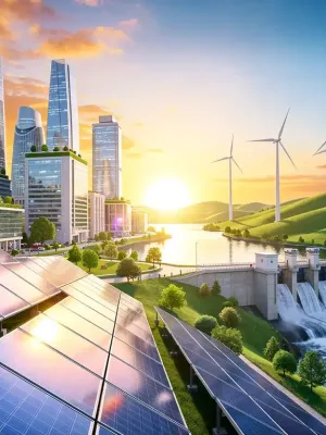 Illustration of diverse renewable energy sources powering a city, symbolizing US renewable energy growth