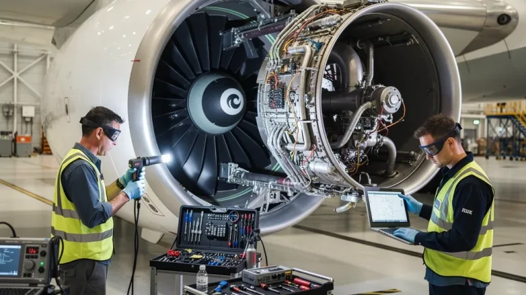Technicians inspecting a commercial jet engine in a hangar