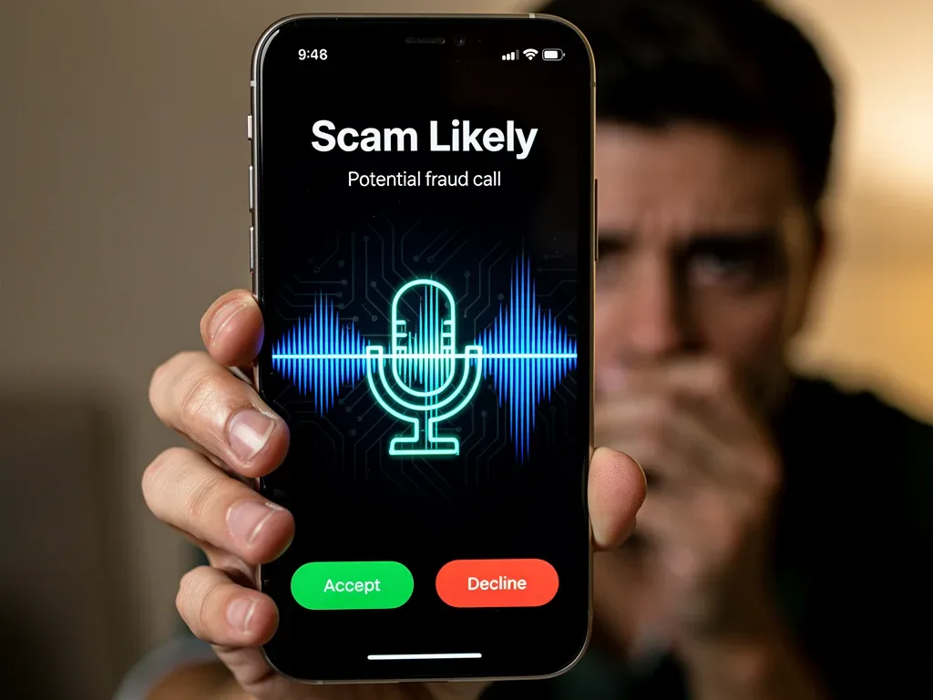 Smartphone displaying scam likely warning from AI voice robocall