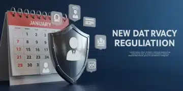 Shield protecting personal data with calendar showing January 2026, representing new federal data privacy regulations impact on consumers.