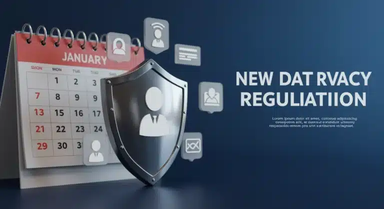 Shield protecting personal data with calendar showing January 2026, representing new federal data privacy regulations impact on consumers.