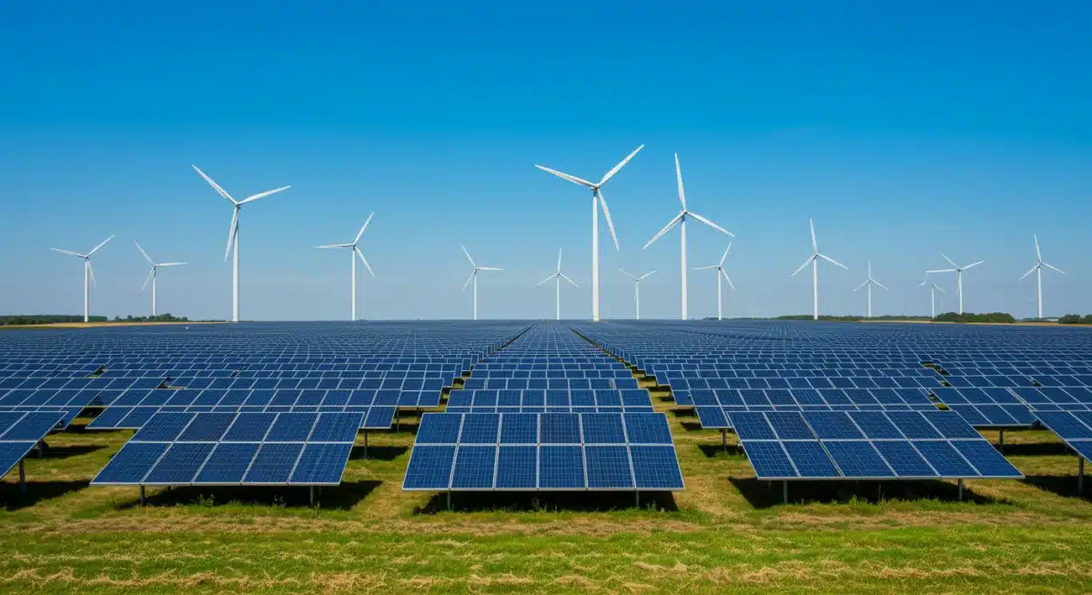 Solar farm and wind turbines representing renewable energy