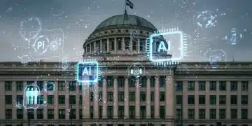 Futuristic government building with AI interfaces