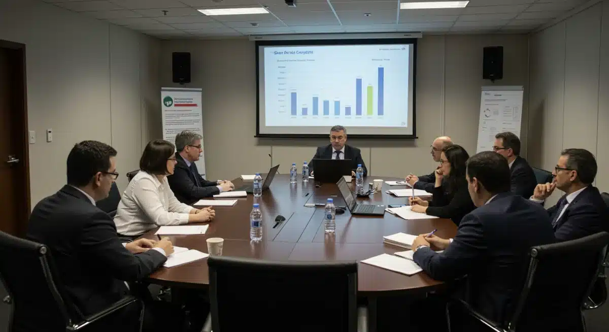 Legal professionals and creators discussing digital copyright issues in a conference room.