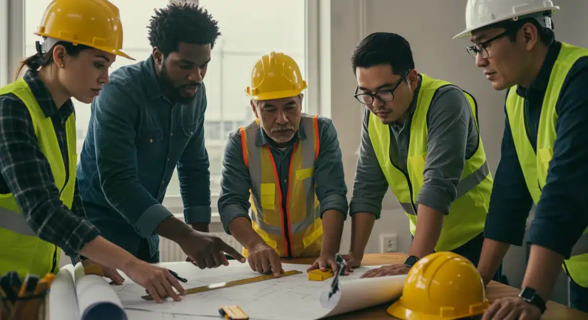 Diverse construction workers reviewing blueprints for infrastructure project, symbolizing collaborative employment.