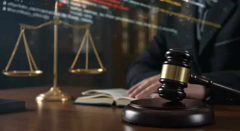 Gavel on legal desk with digital art background, symbolizing Supreme Court digital copyright decision impact.