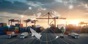 Global supply chain network with shipping containers and cargo ships