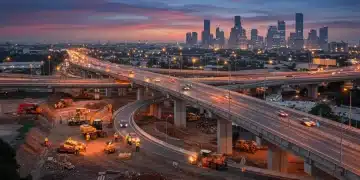 Modern highway construction with heavy machinery and workers at sunset, symbolizing infrastructure development and job creation.