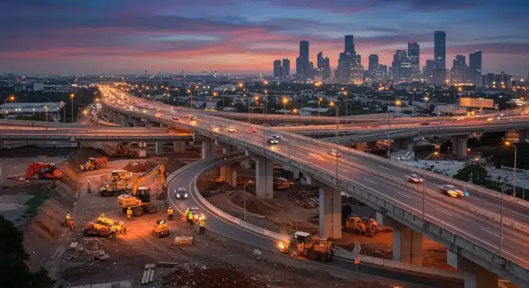 Modern highway construction with heavy machinery and workers at sunset, symbolizing infrastructure development and job creation.