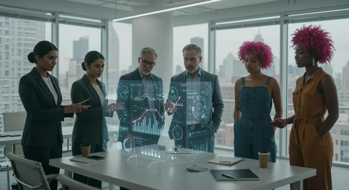 Professionals collaborating on holographic display, symbolizing tech innovation