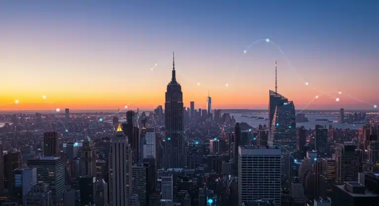 Digital cityscape representing US tech sector growth forecast for 2026