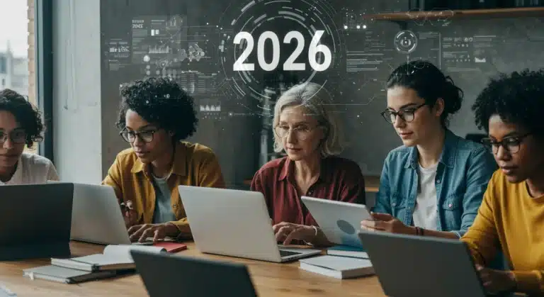 Adults learning online on various devices, representing the best online learning platforms for 2026.