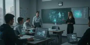 Students and teacher engaging with futuristic AI educational tools in a smart classroom.